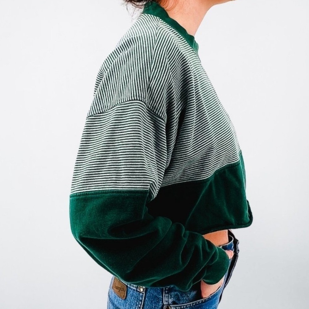 Windsor Shirt Company Green Striped Cropped Sweatshirt Cotton Crew Neck Large - Picture 4 of 8